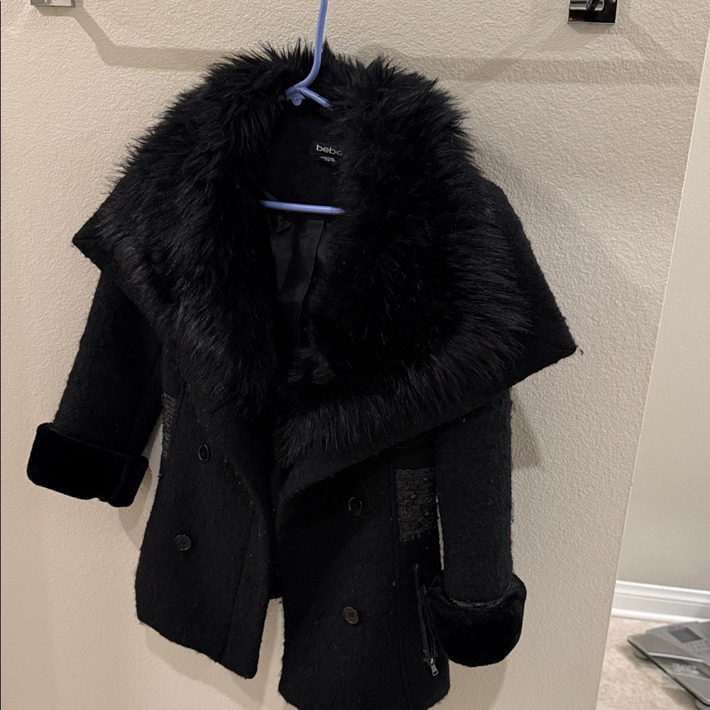 Bebe Elegant Black Coat with Faux Fur Trim